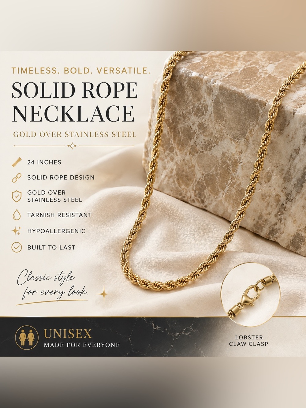 Gold Solid Rope Necklace - 24" Gold Over Stainless Steel